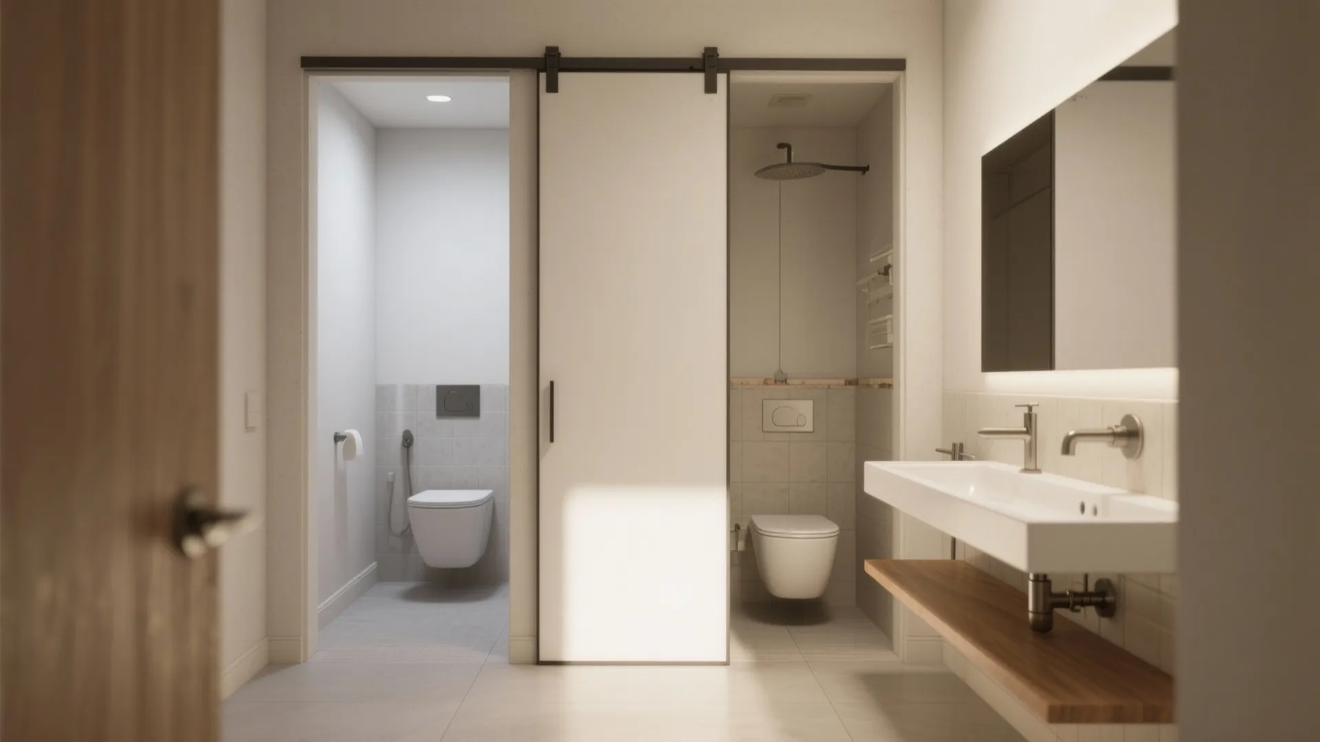 White sliding door separating a toilet room and bathroom sink area with a large mirror