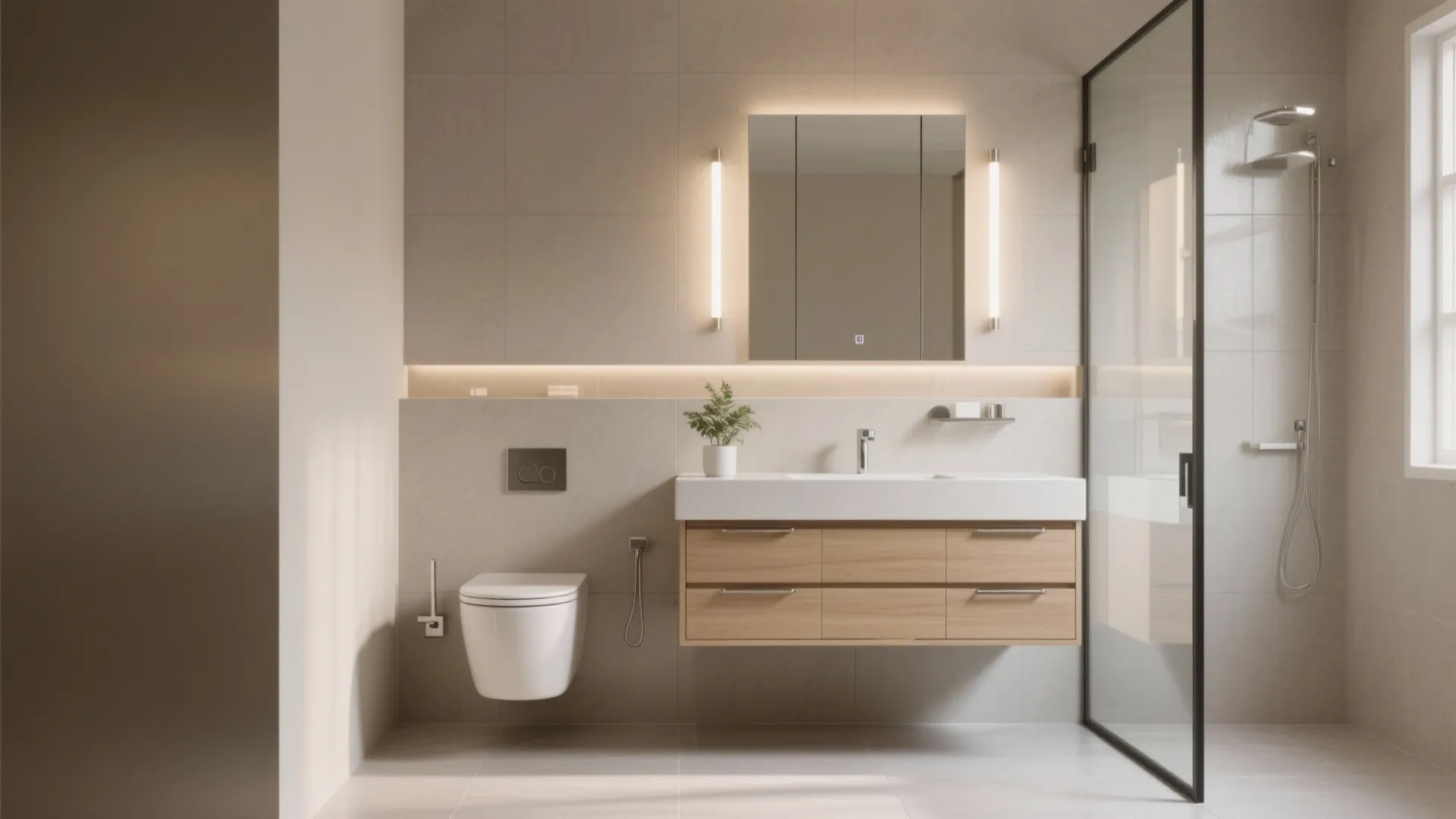 Wall-hung vanity and in-wall toilet: float to free the floor