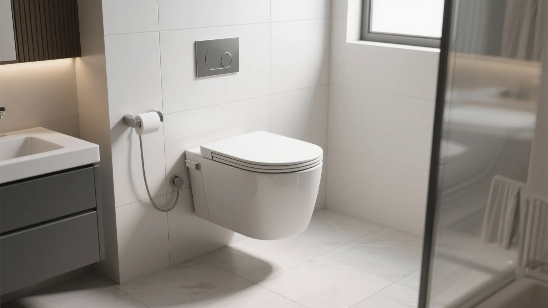 Modern wall-hung toilet floating above tiled floor