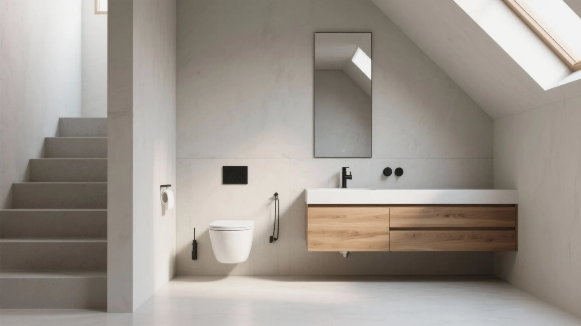 Minimalist bathroom interior featuring white toilet wooden cabinet tall mirror stairs and bright roof window natural light