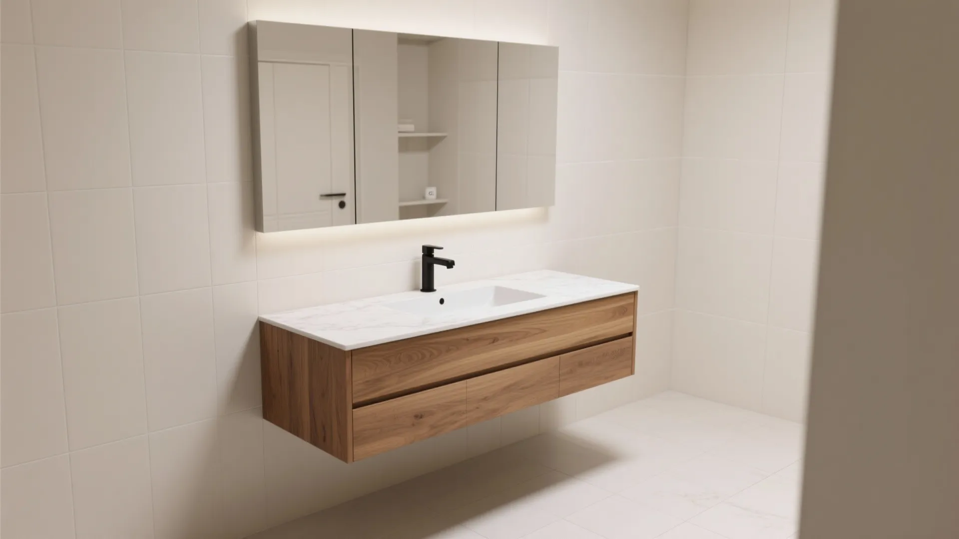 Modern wood floating bathroom cabinet with white sink black faucet and large lighted wall mirror