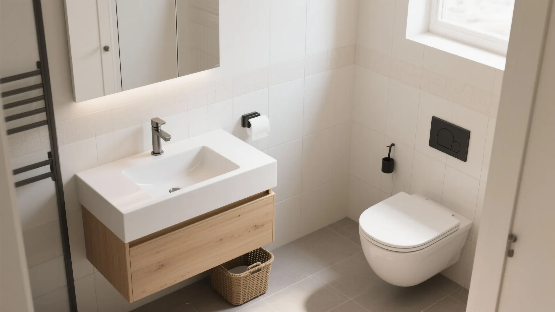 Modern bathroom design with white wall mounted toilet and wooden floating cabinet with white sink