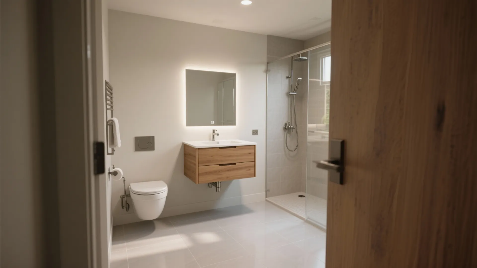Bright bathroom interior with floating wood cabinet lighted mirror white toilet and glass shower area