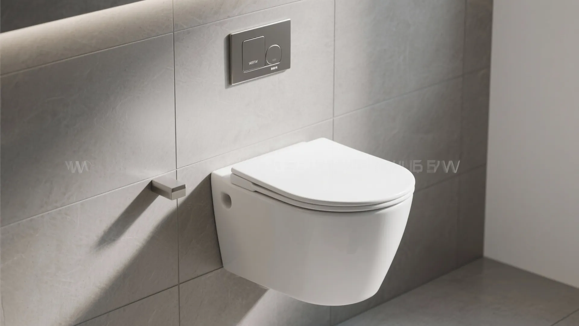 Macro view of a wall-hung WC with a brushed metal flush plate and clean tile junctions.