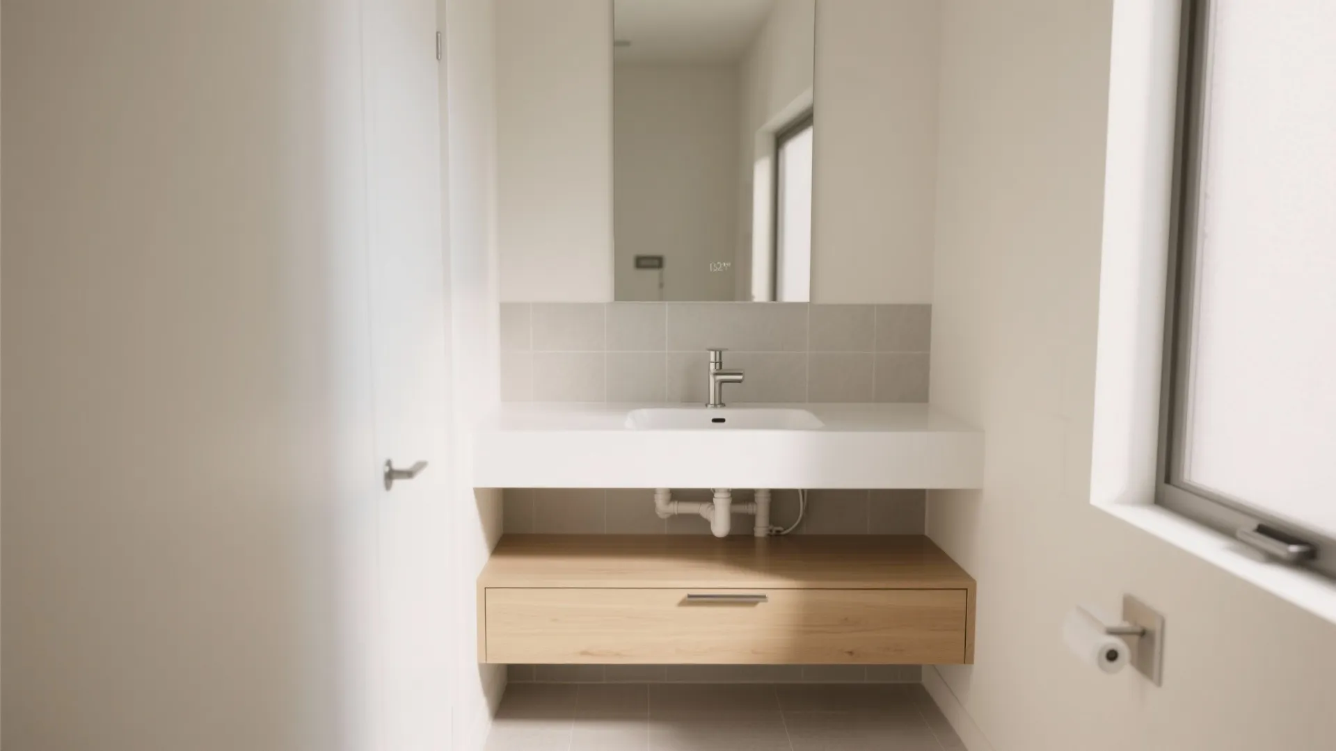 Shallow wall-hung vanity with a 17-inch-deep sink and clear floor space in a narrow bath.