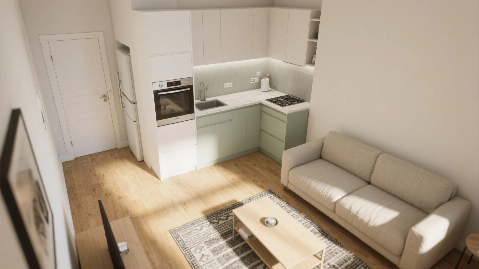 A Wall-Line Kitchen That Respects Living Room Circulation