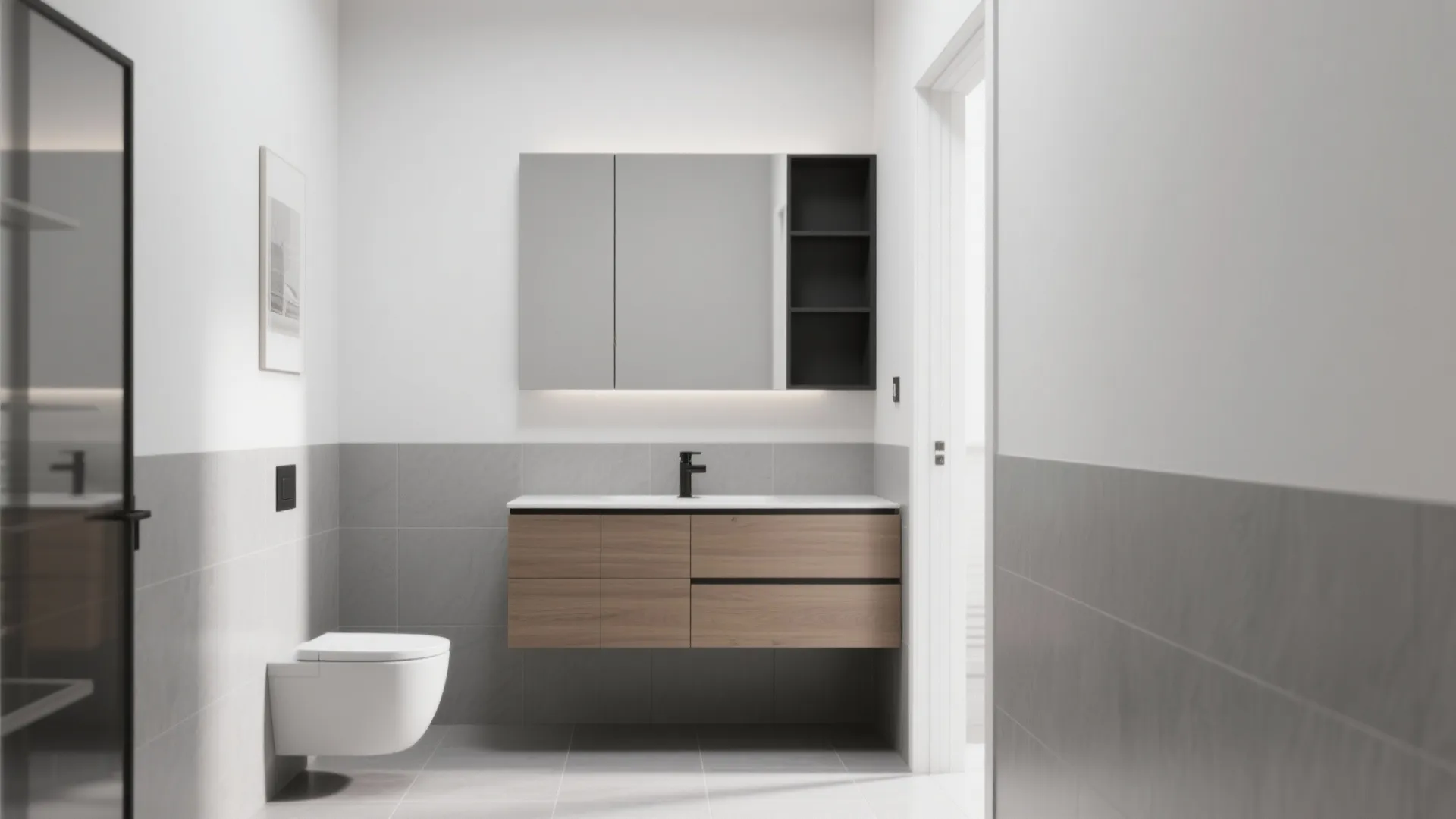 Modern bathroom with wall hung toilet wooden vanity mirror cabinet and grey tiled wall design