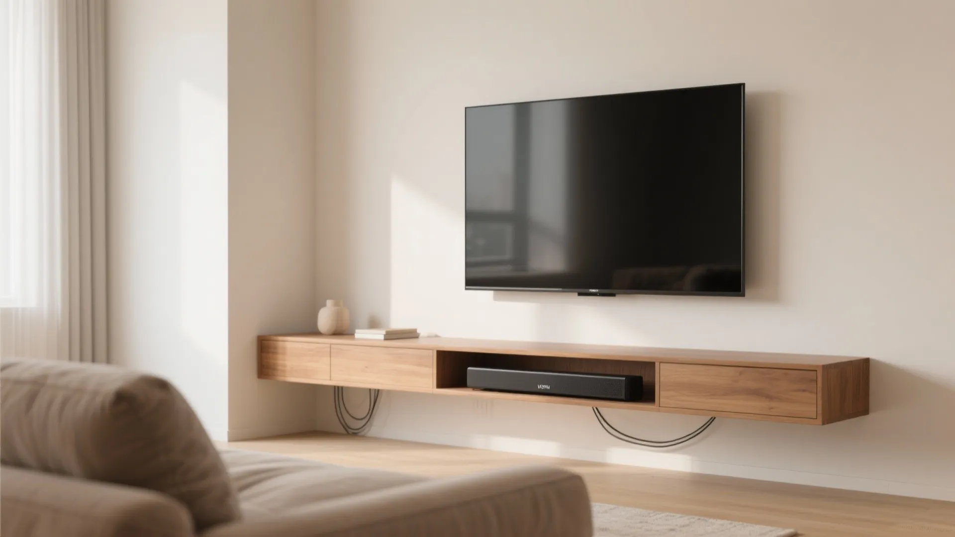 1) Wall-Mounted TV + Floating Console