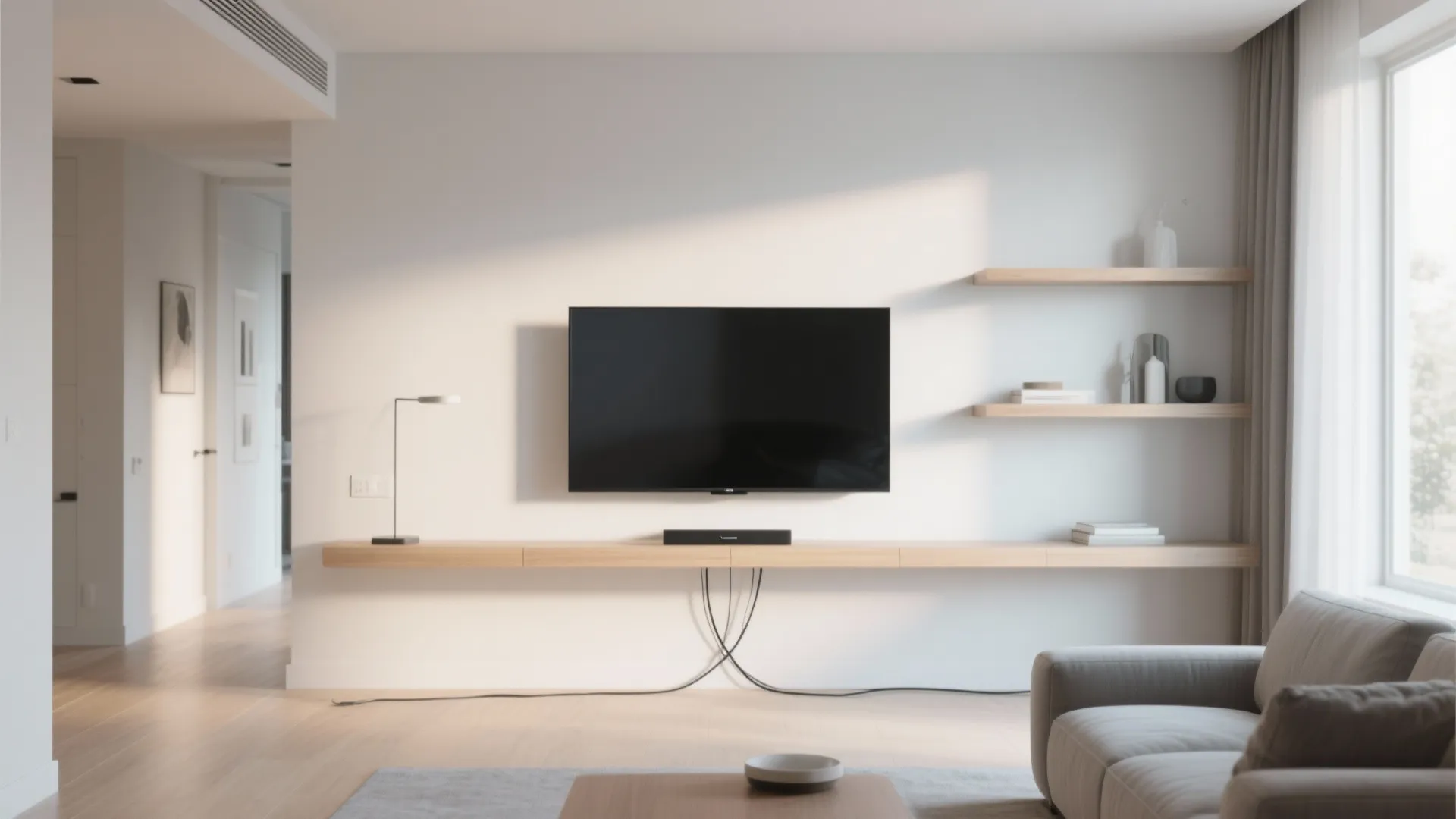 Wall mounted television above a wooden shelf with side shelves in a bright modern room