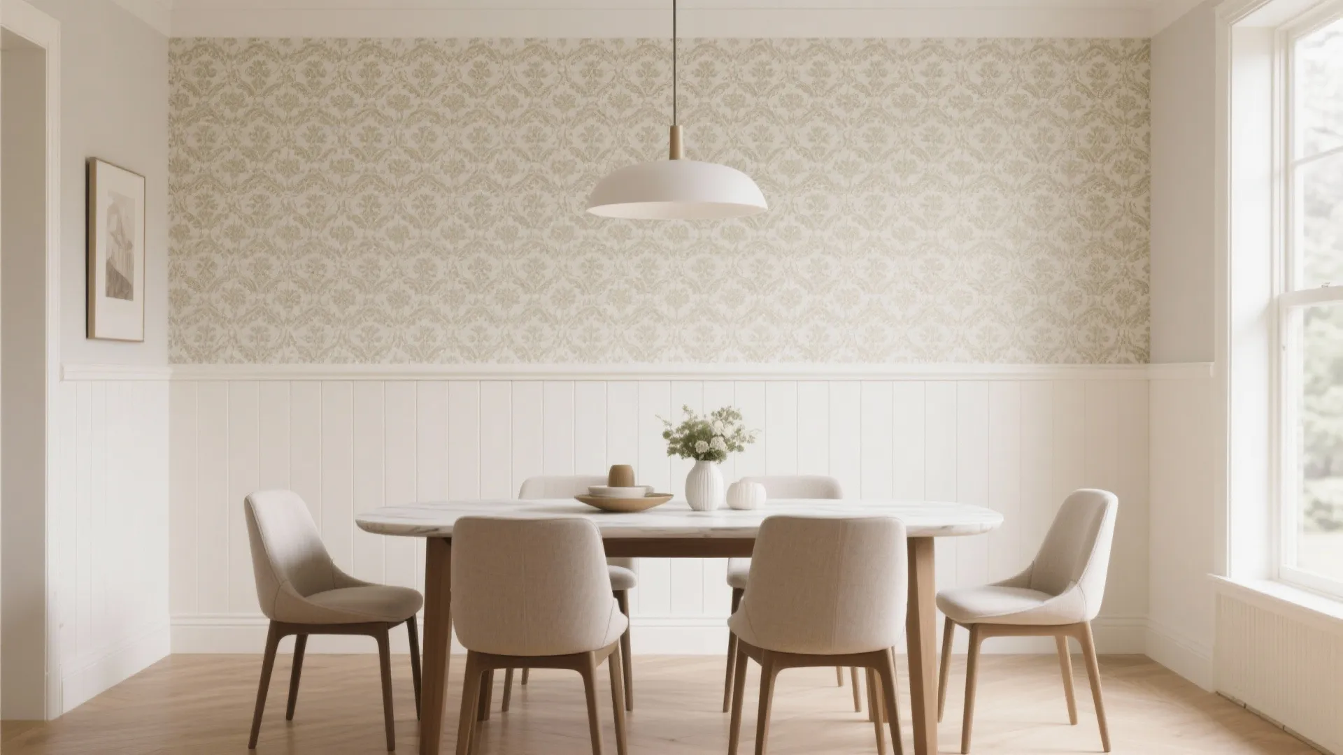 Dining room with patterned wallpaper above and cream paint below
