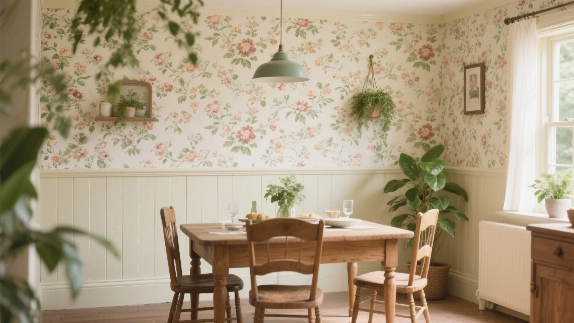 Cottage dining with floral wallpaper above chair rail