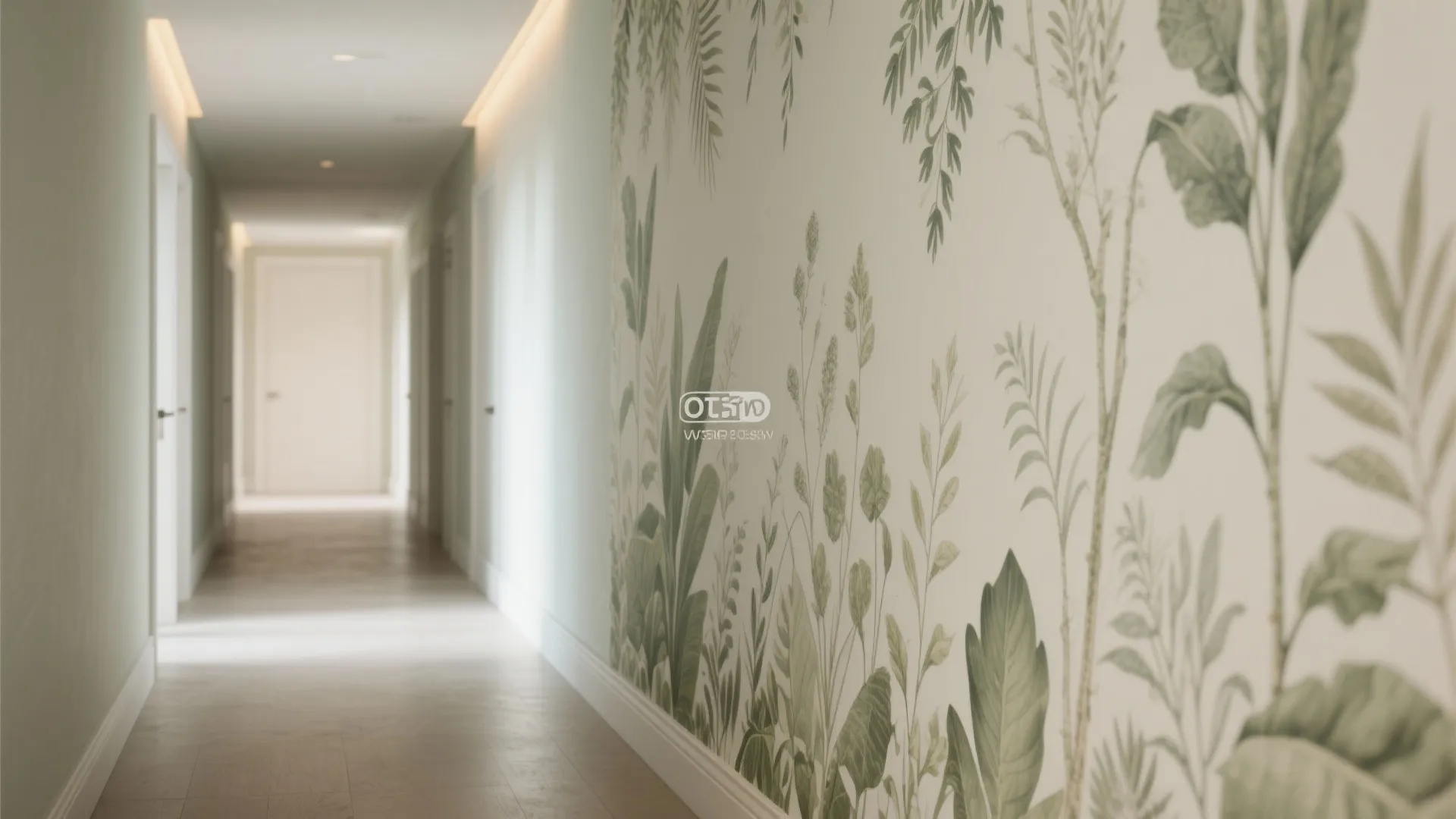 White hallway featuring botanical green leaf pattern wallpaper on the right side with bright light