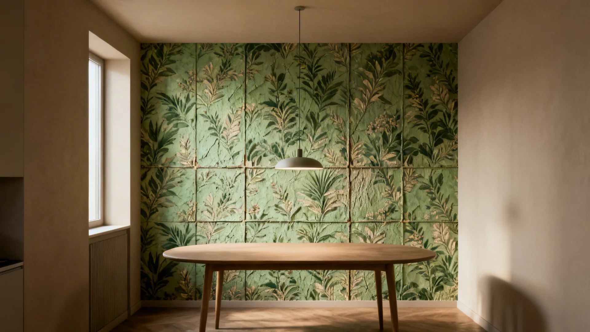 Compact dining room with one wall covered in textured botanical statement wallpaper and a simple dining table.