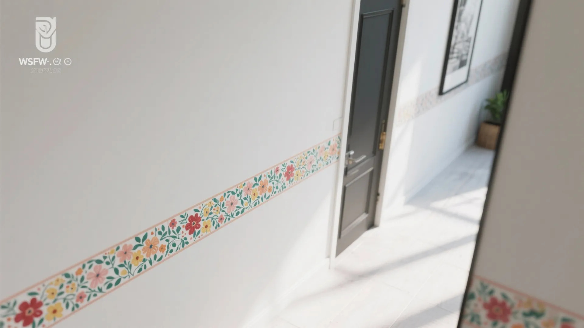 Bright hallway with white walls featuring a colorful floral wallpaper border and a black door
