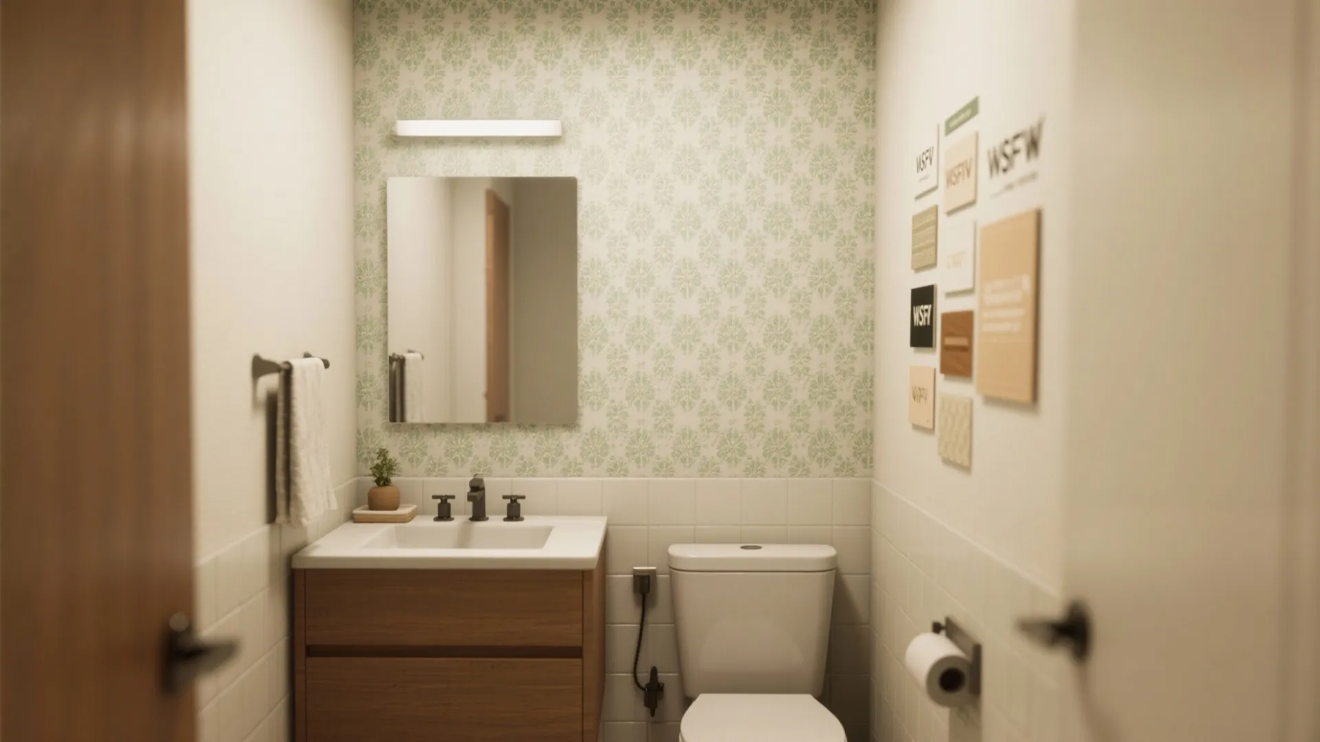Small bathroom with floral wallpaper wood cabinet white toilet mirror and light fixture on wall