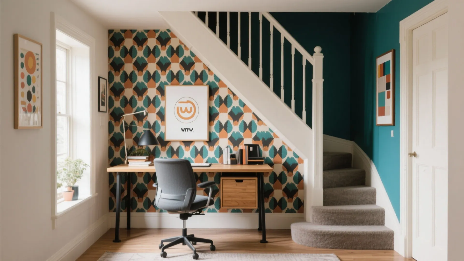 Home office workspace under white stairs with colorful geometric wallpaper wooden desk and grey chair