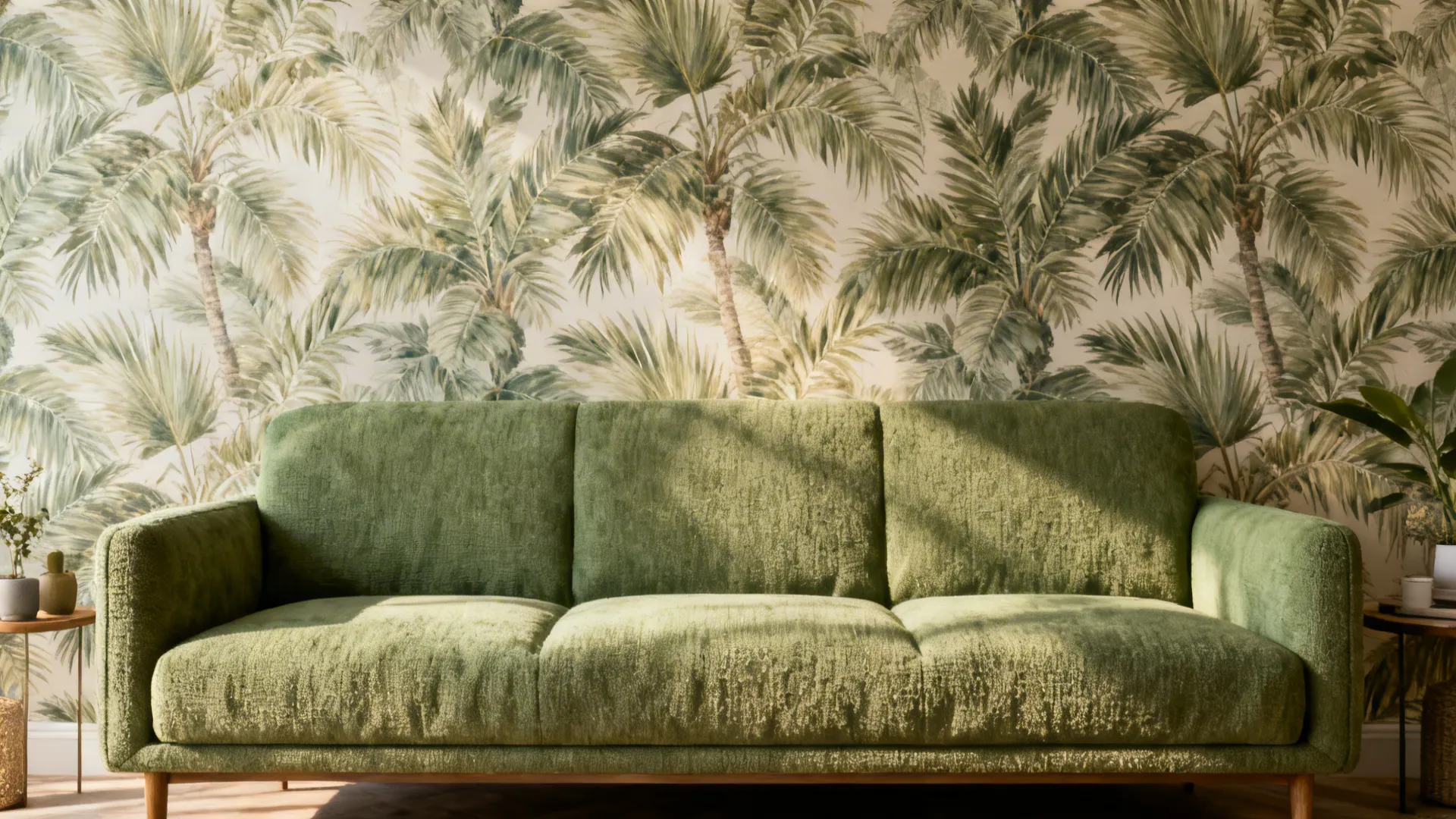 Sage settee in front of muted botanical removable wallpaper, creating drama.