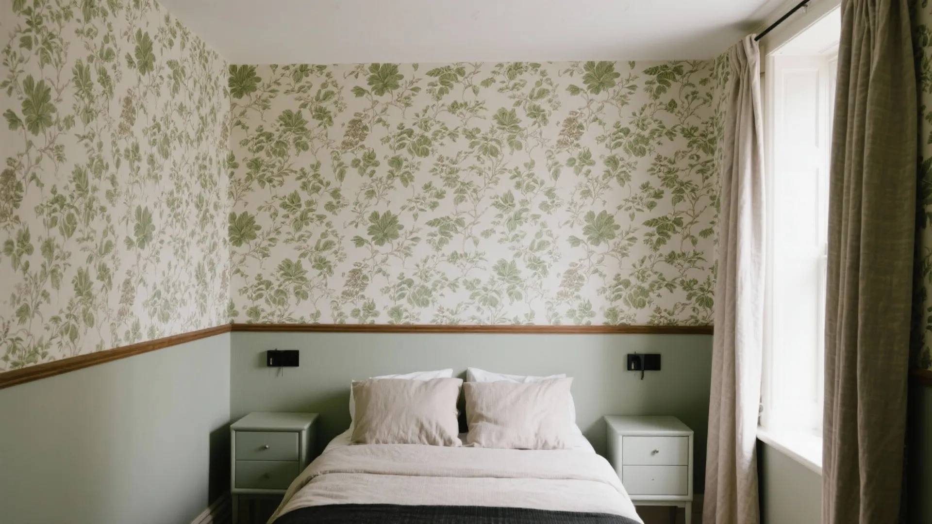 Bedroom with green leaf patterned wallpaper green wall panel white bed and two side tables