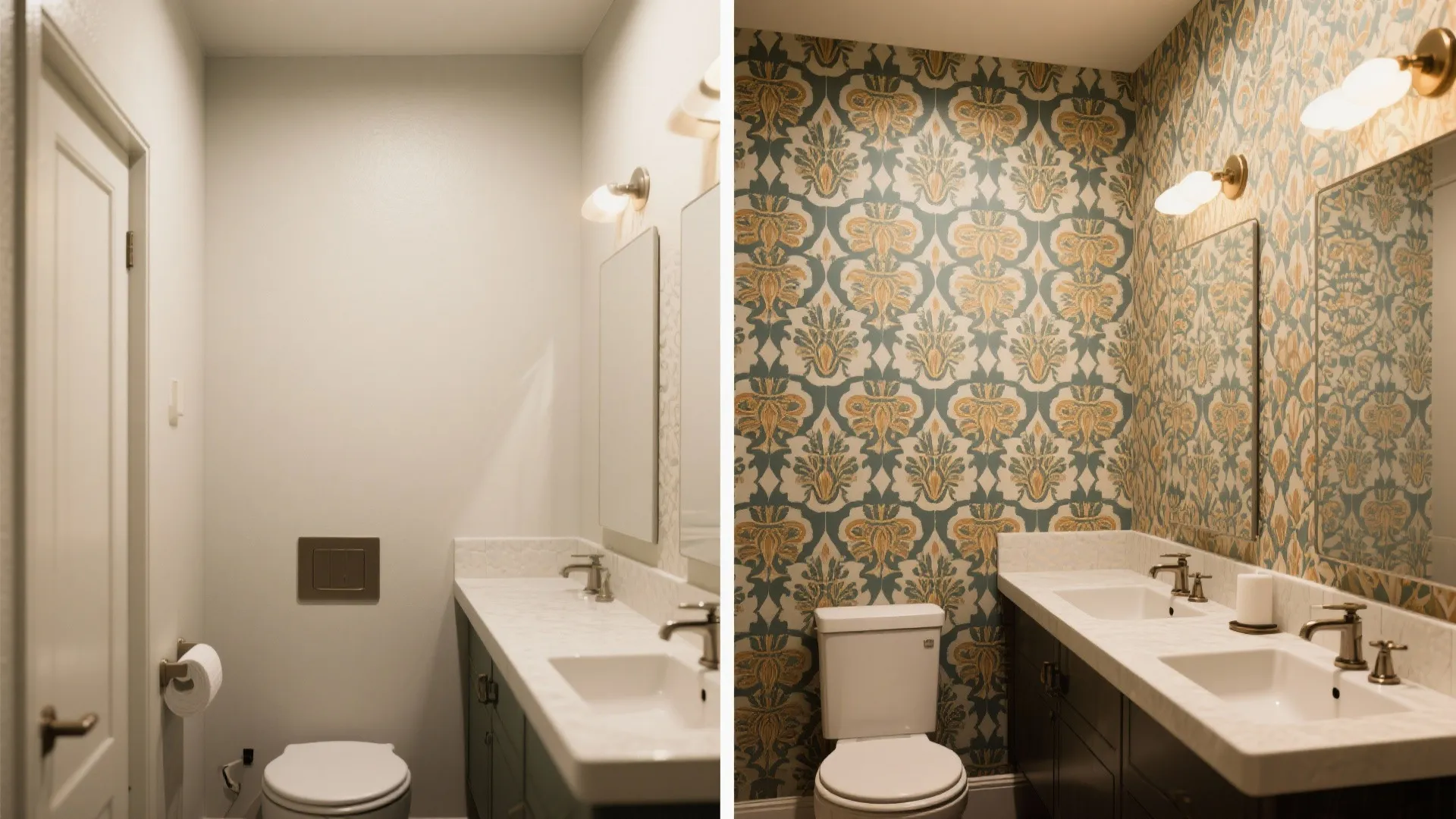 Before and after comparison showing a plain white wall replaced with patterned wallpaper in bathroom