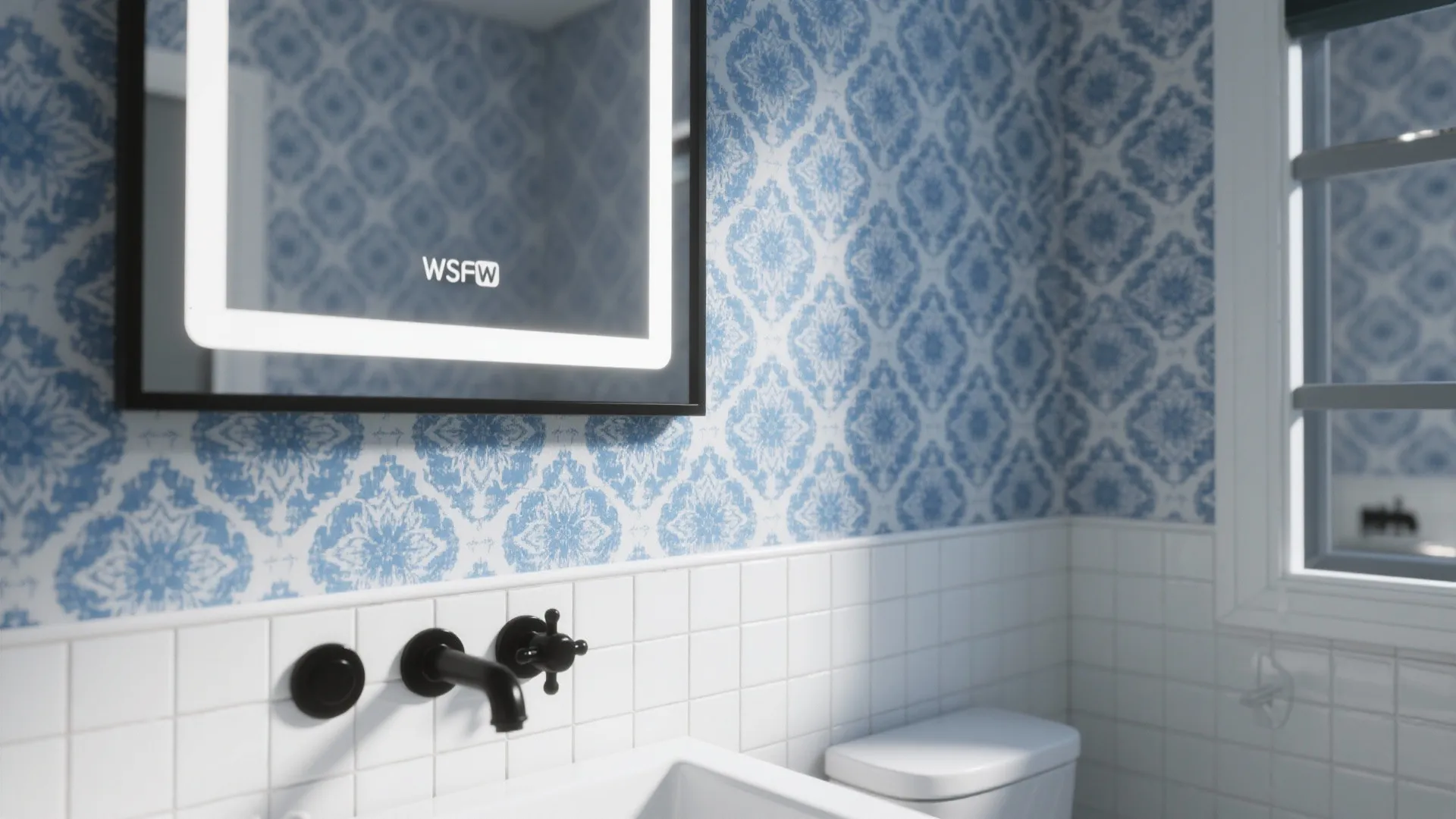 5. Patterned wallpaper behind mirror