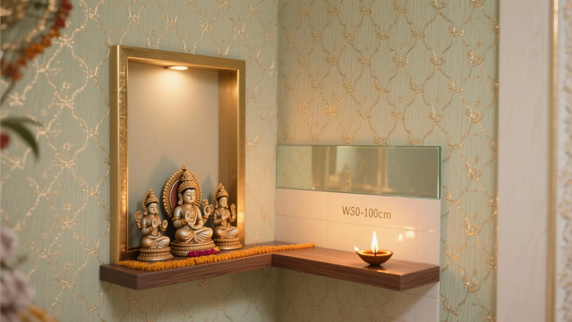 5) Soft wallpaper with metallic thread and a framed shelf