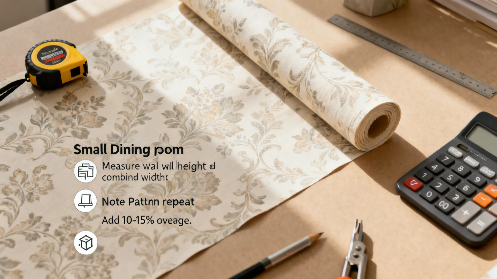 Top-down guide with tools showing how to measure and calculate wallpaper needs.