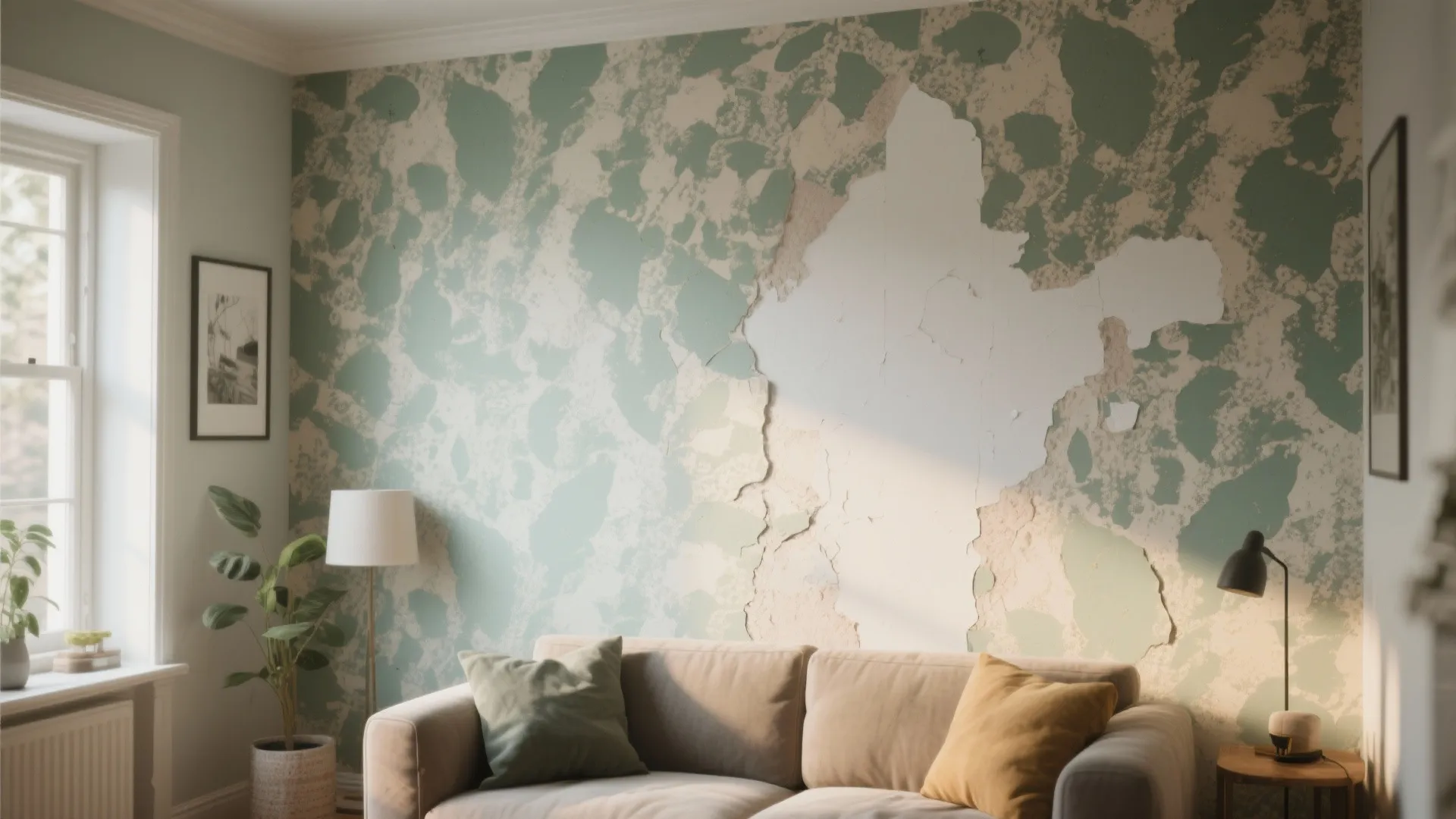 Living area wall with removable textured wallpaper and large decals concealing flaky paint.