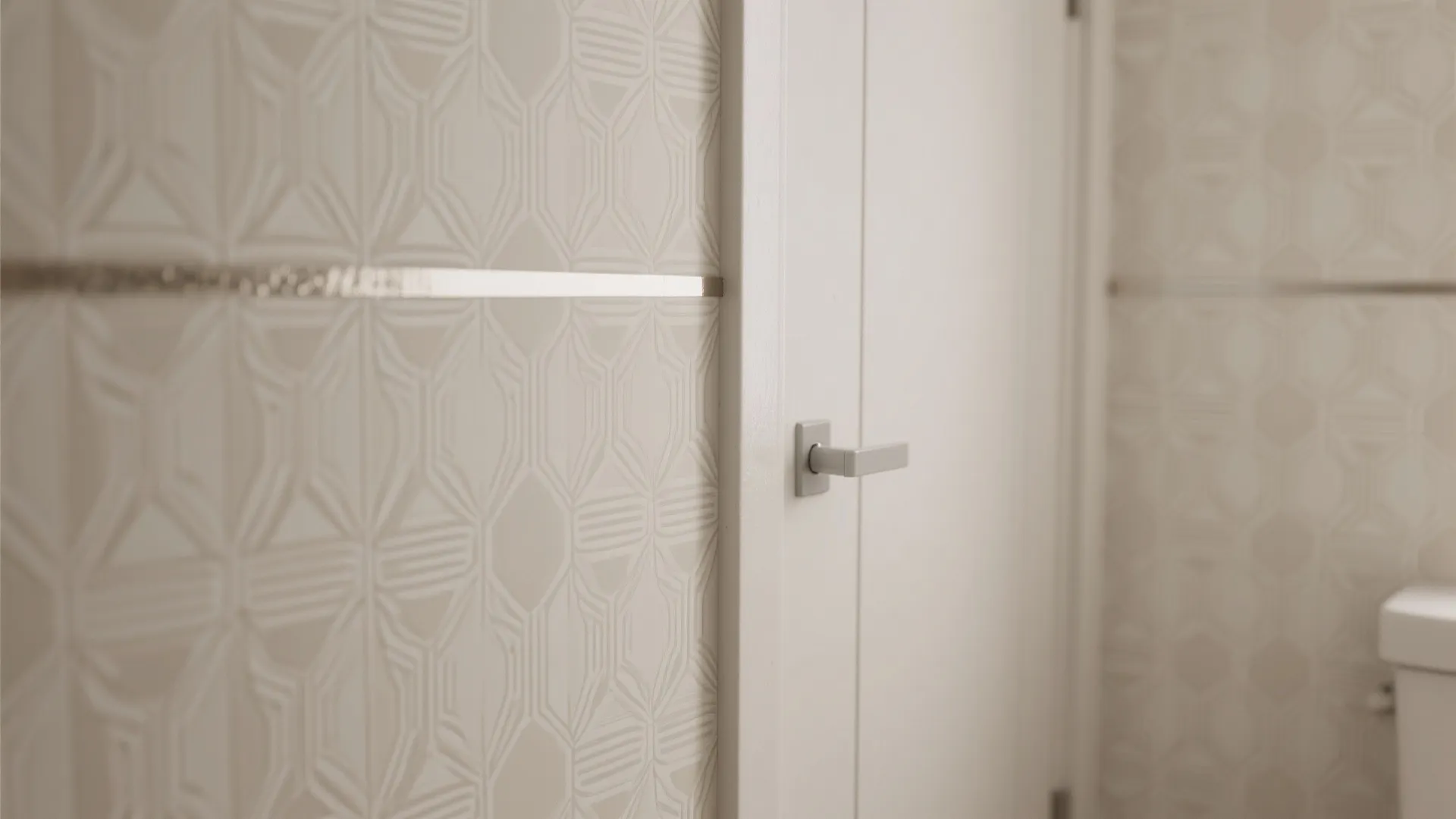 Close-up of aligned geometric wallpaper seam on a hidden bathroom door with a matching latch.