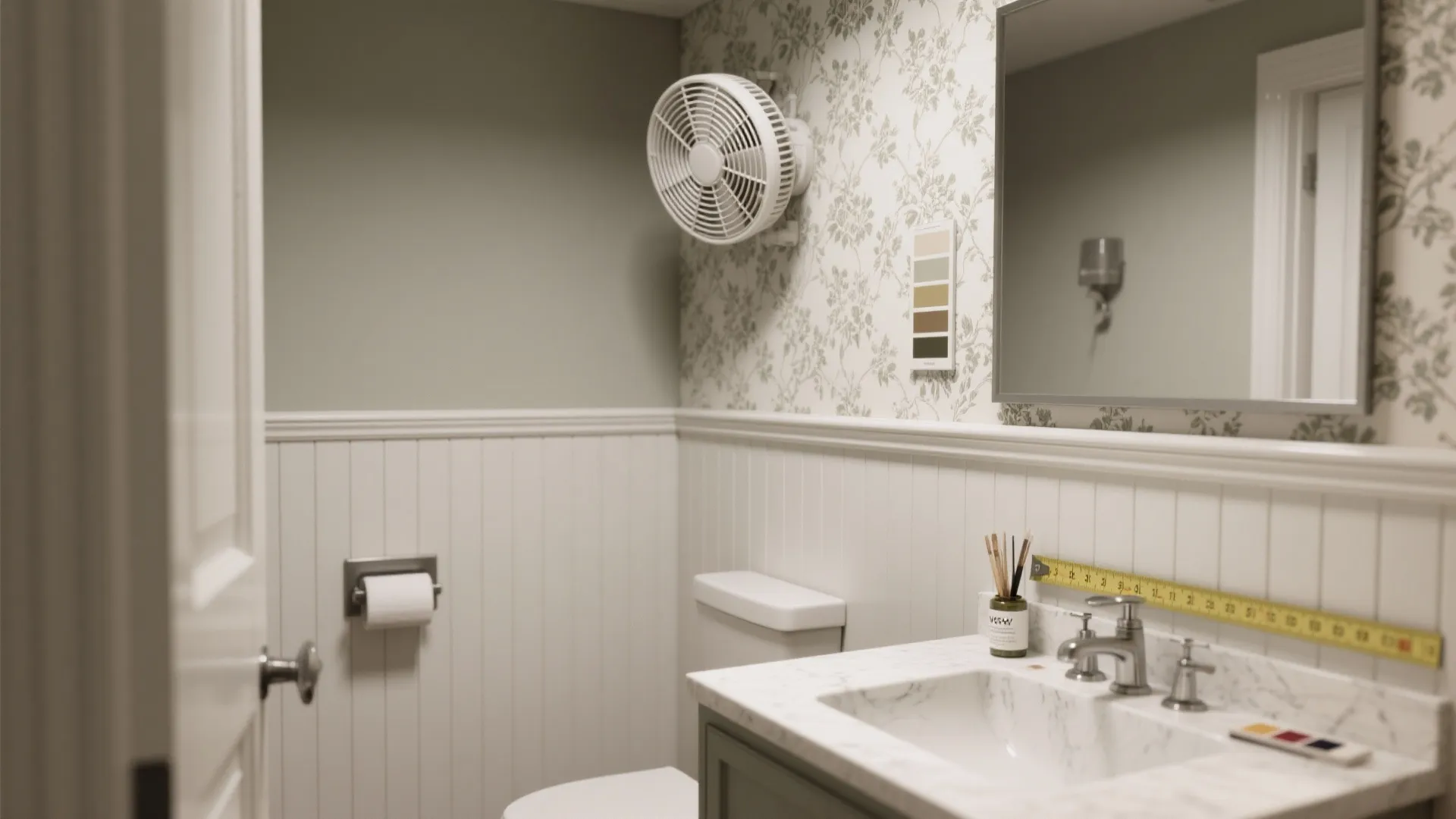Small bathroom featuring green floral wallpaper white wall paneling marble sink and wall mounted fan