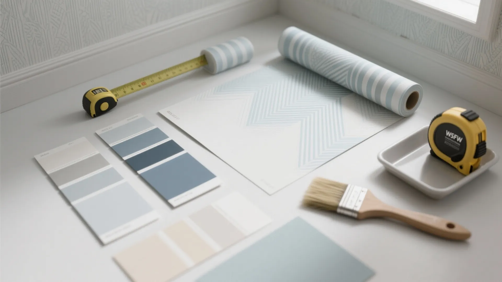Top-down flatlay of light-toned wallpaper swatches, tools, and a roll, illustrating small room choices.