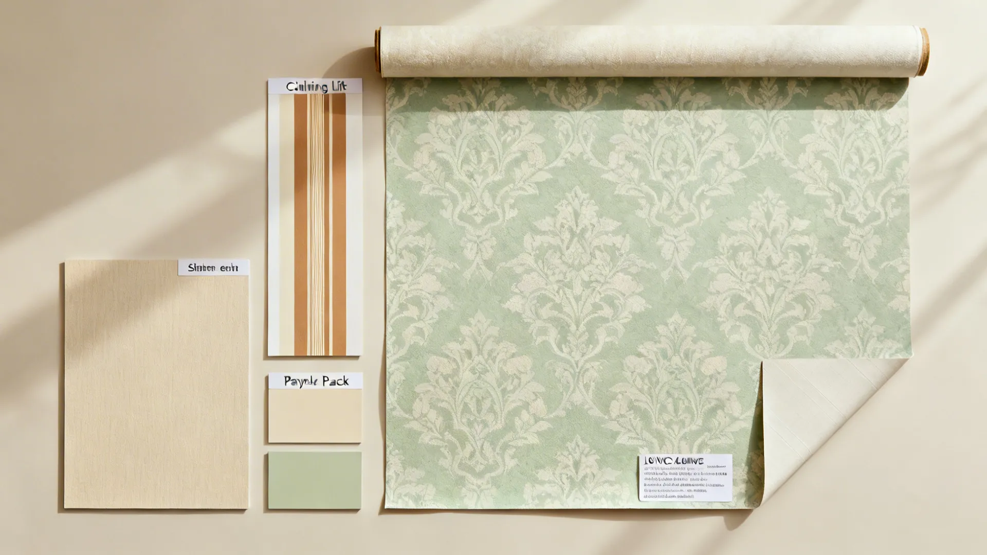 Flatlay of matte and vinyl wallpaper samples, vertical stripes, large motif, peel-and-stick, and adhesives.