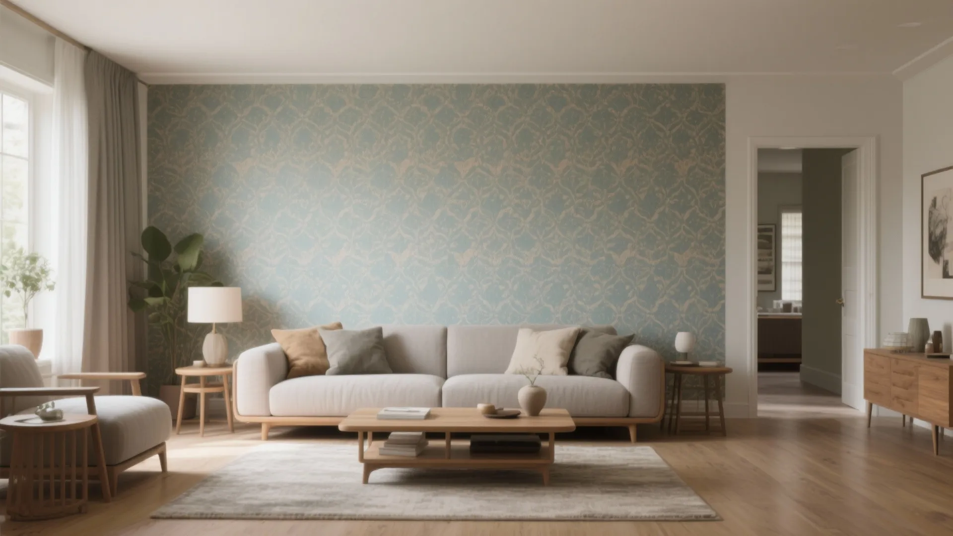 Modern living room with blue patterned wallpaper wall white sofa wood coffee table and rug