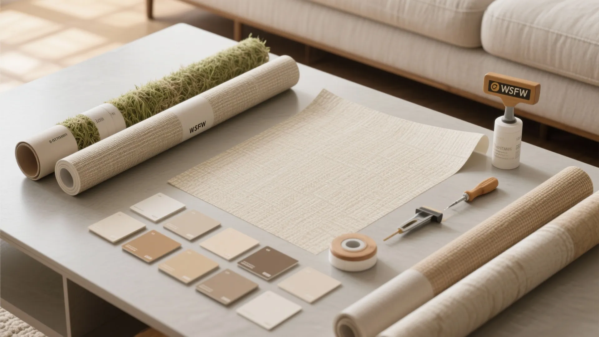 Table with wallpaper rolls, color swatches, and tools for home interior design project material selection