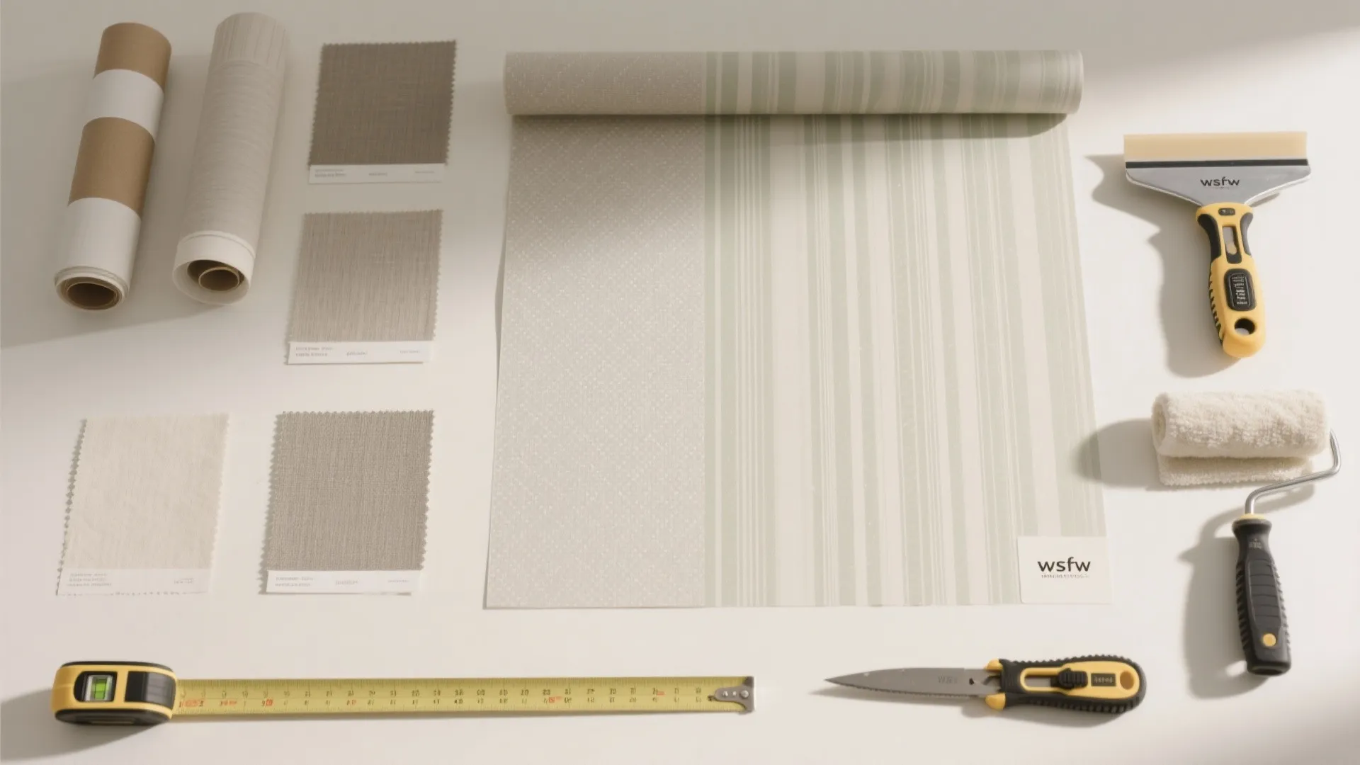 Wallpaper installation tools including a tape measure paint roller scraper knife and various fabric samples