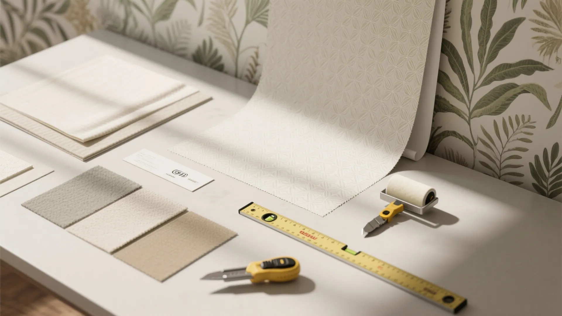 Table with wallpaper samples and tools like a ruler and cutter for home interior design