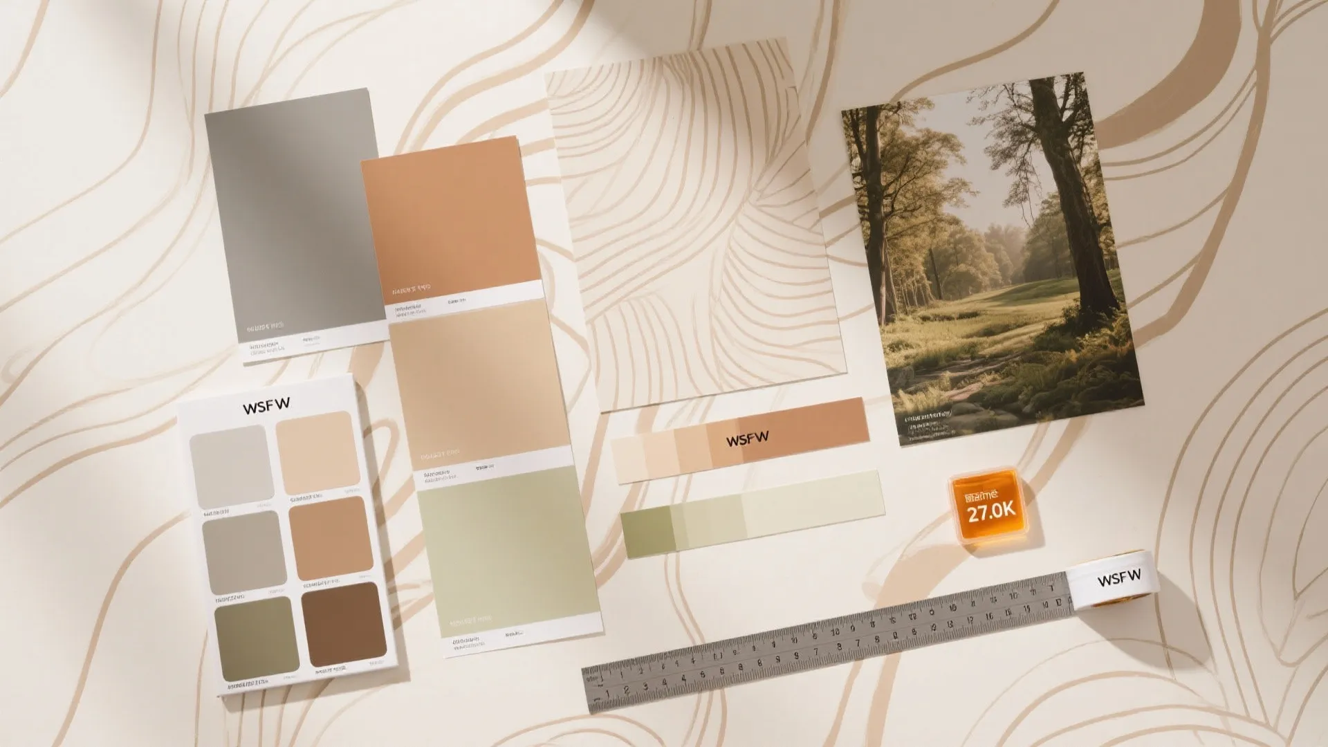 Interior design materials including color swatches patterned wallpaper forest photo and a long metal ruler