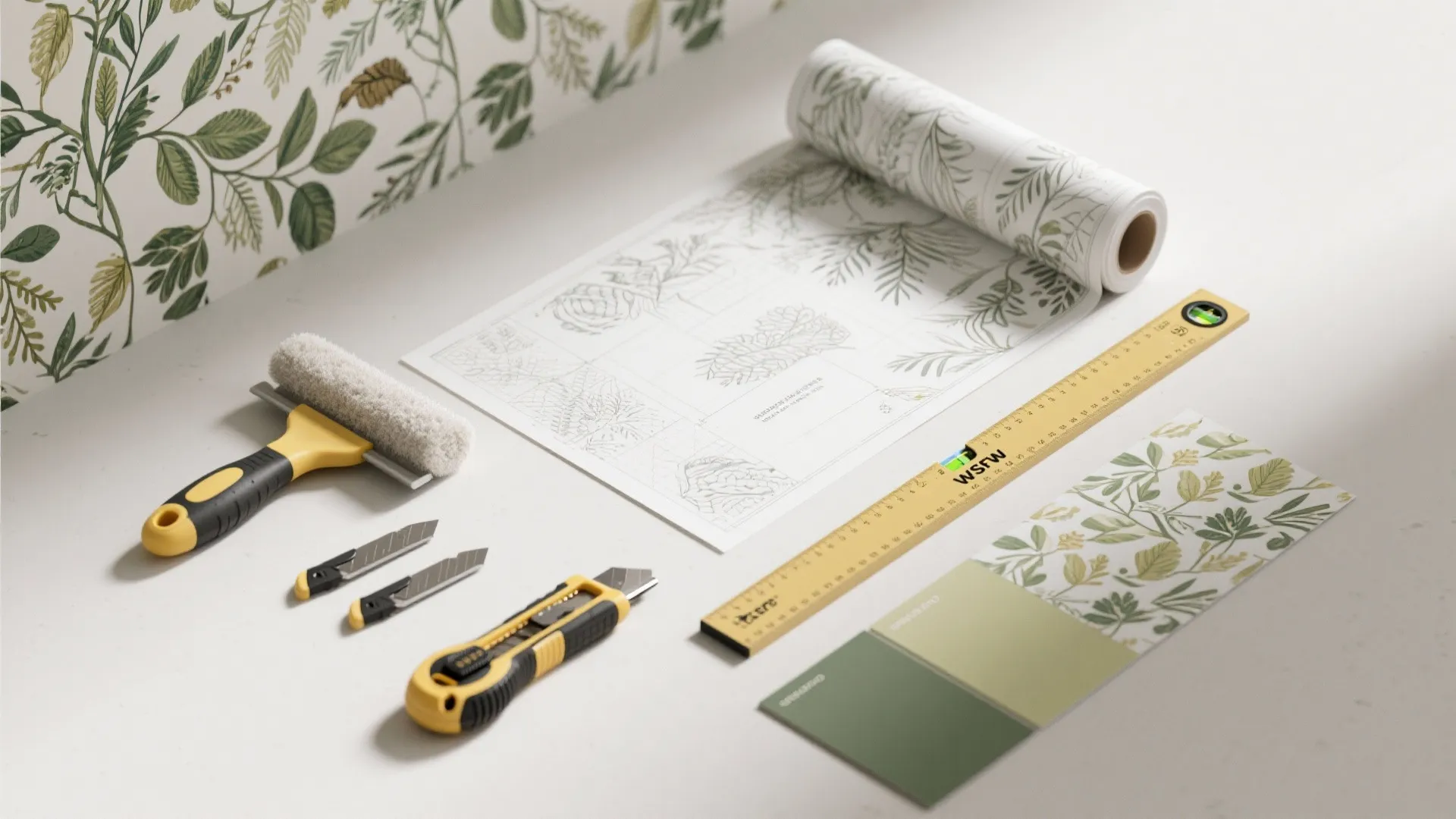 Green leaf pattern wallpaper roll with cutting tools ruler and color samples on white surface