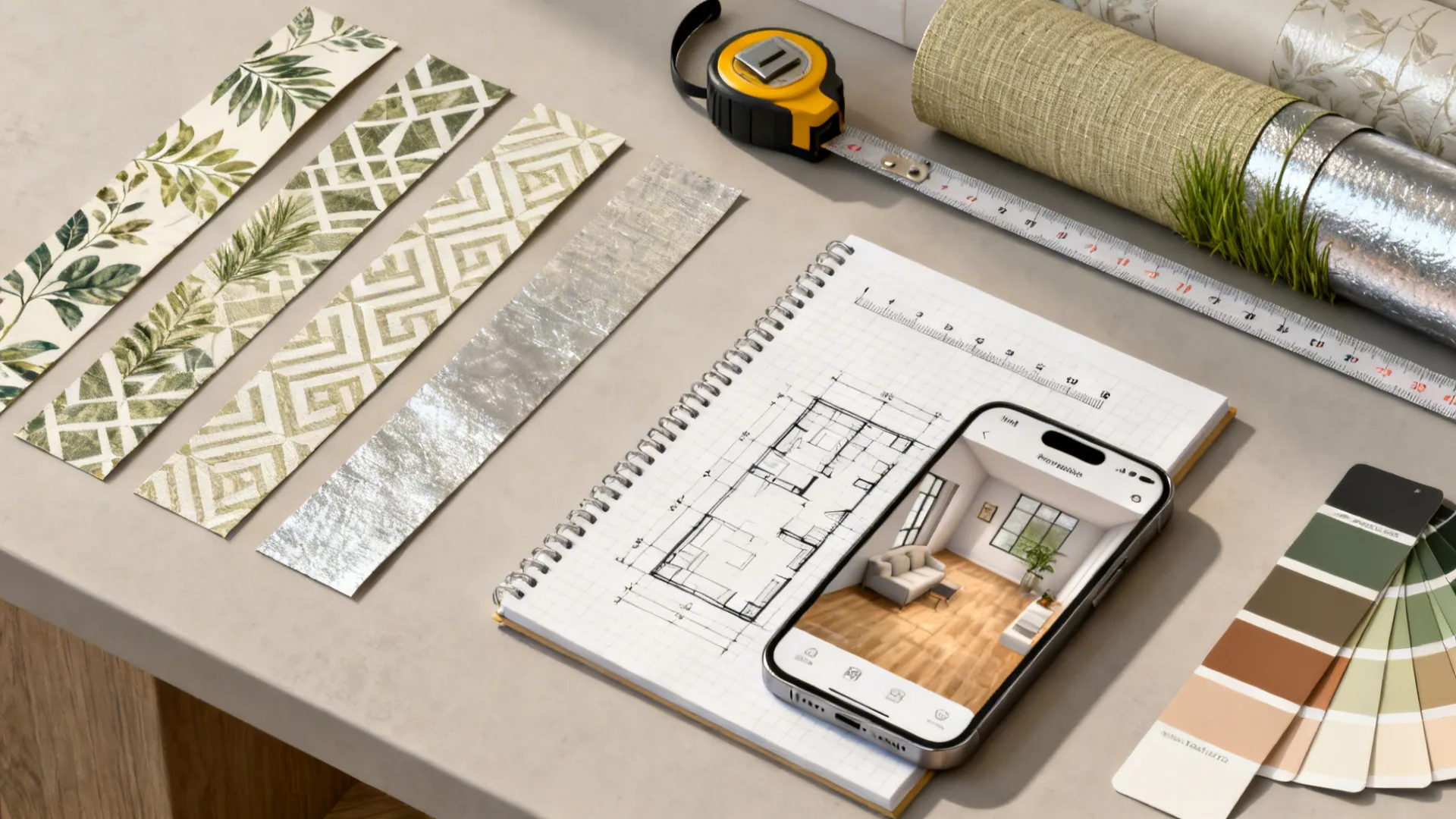 Flatlay of wallpaper samples, measuring tape, and a phone showing a 3D floor planner.