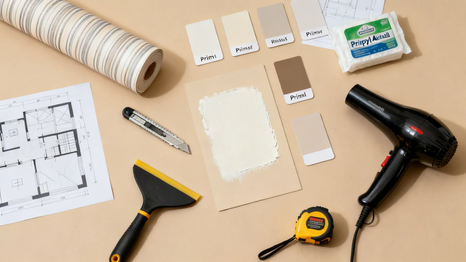 Flat lay of peel-and-stick wallpaper tools and vinyl roll for renter-safe installation.