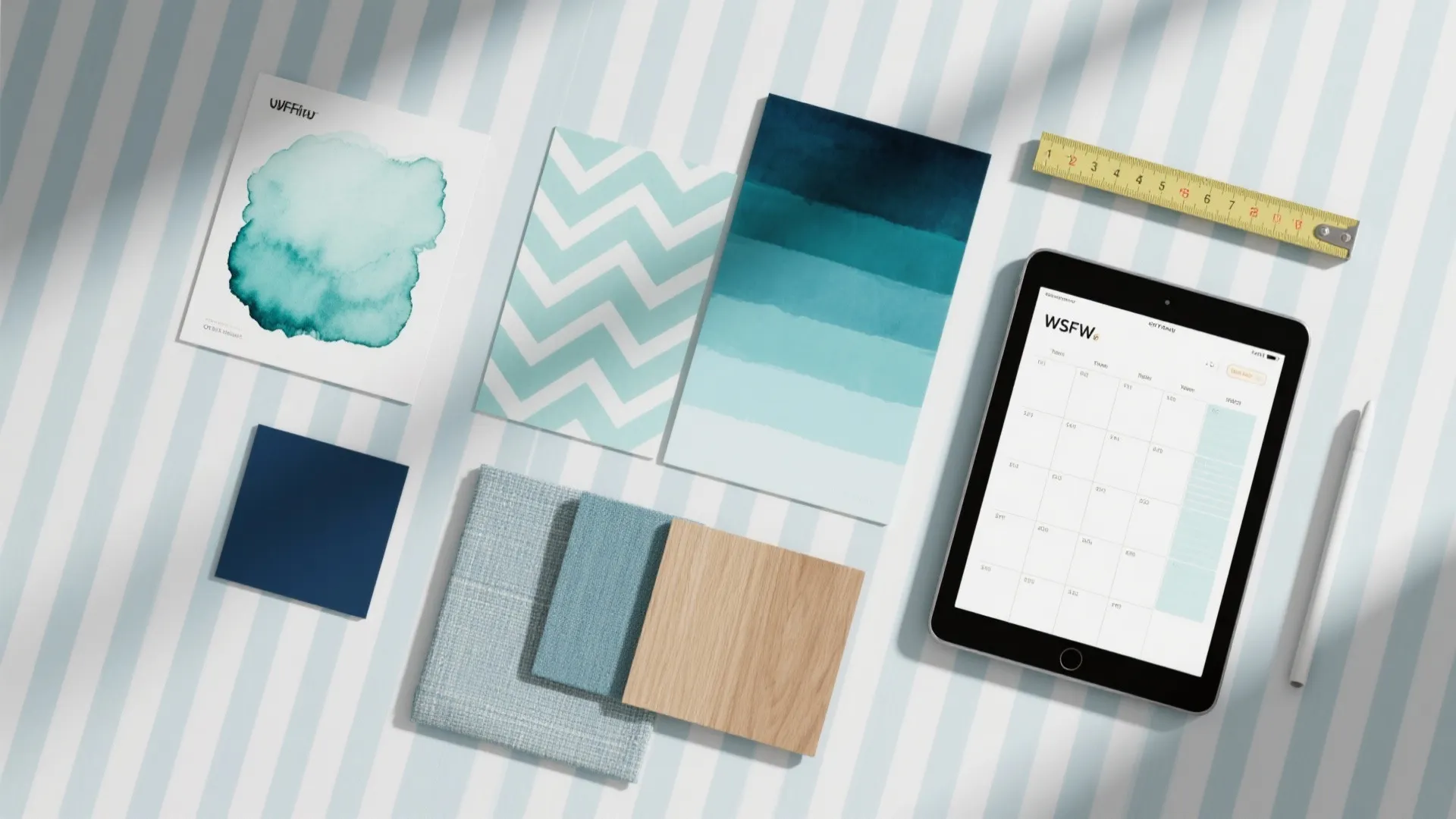 Flatlay of wallpaper swatches, fabric samples, tape measure and a tablet with a room planner mockup