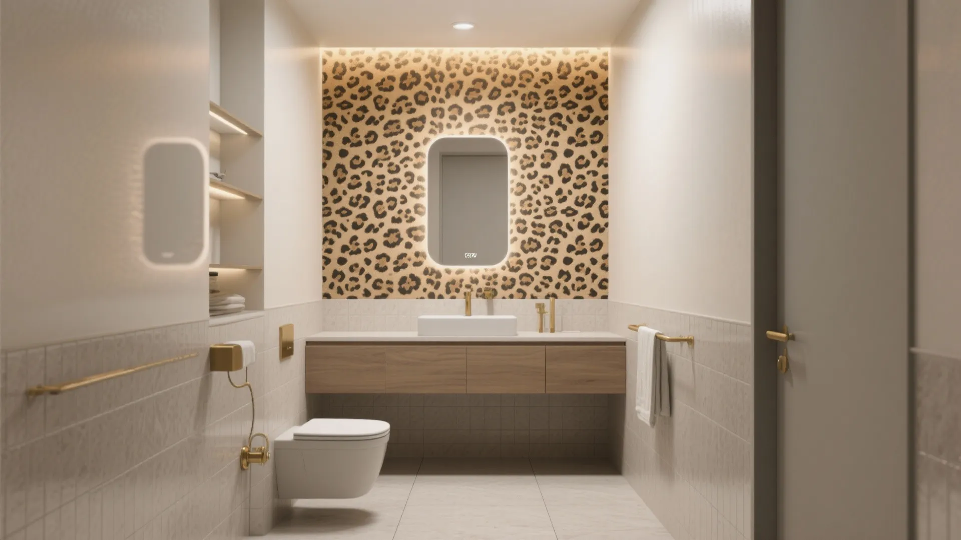 Modern bathroom featuring leopard print wallpaper behind a lighted mirror with wood cabinet and white toilet