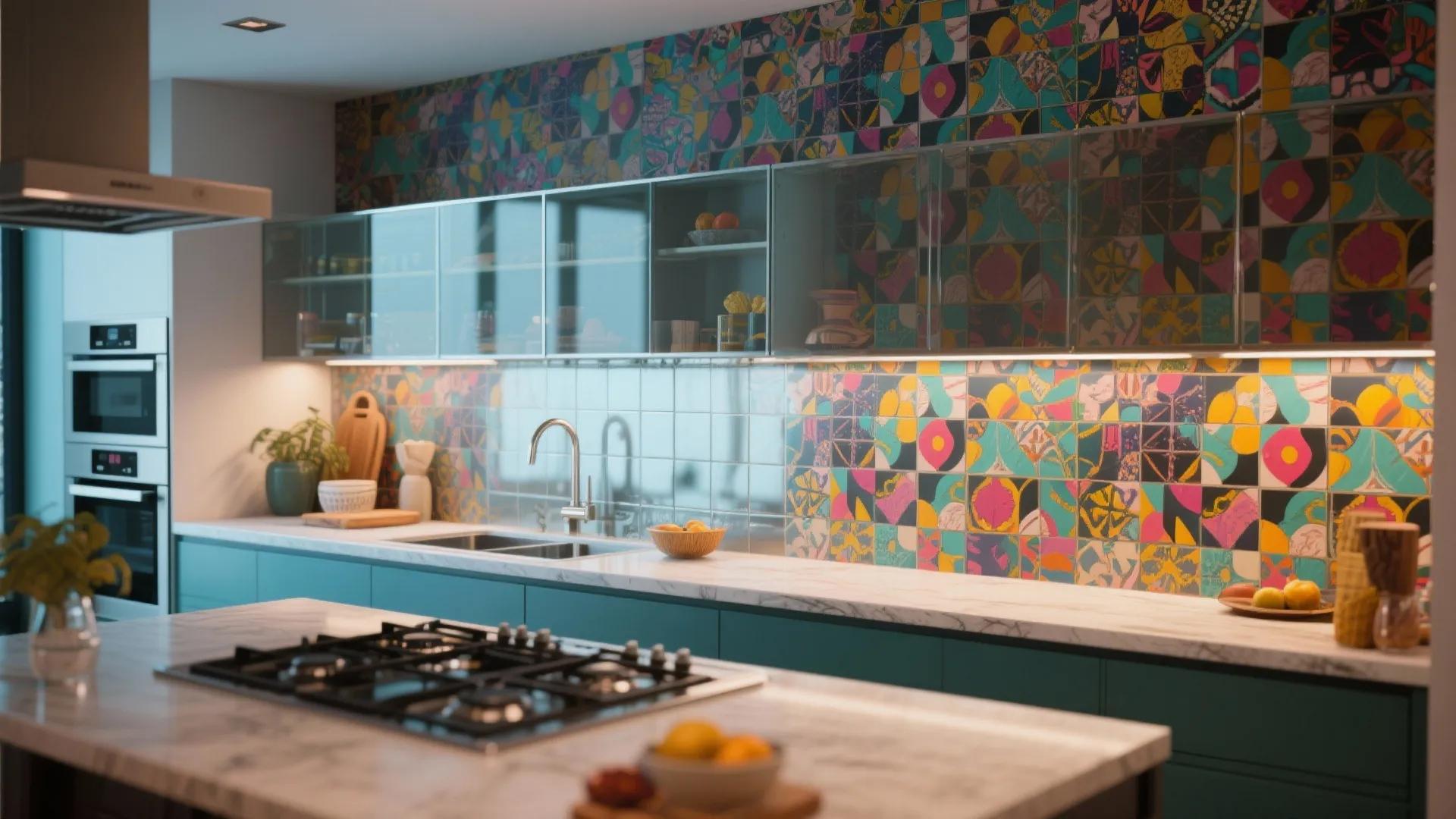 Contemporary kitchen featuring colorful patterned wall tiles teal cabinets marble island and built in oven