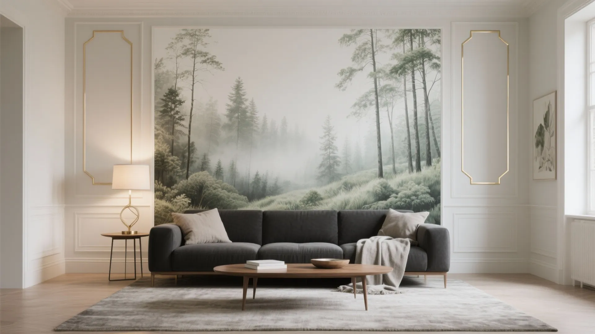 Modern living room with forest wall mural black sofa wooden coffee table and gold wall decoration