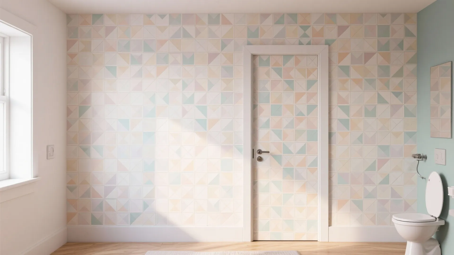 Matte geometric wallpaper seamlessly wraps a bathroom door, hiding the reveal line.