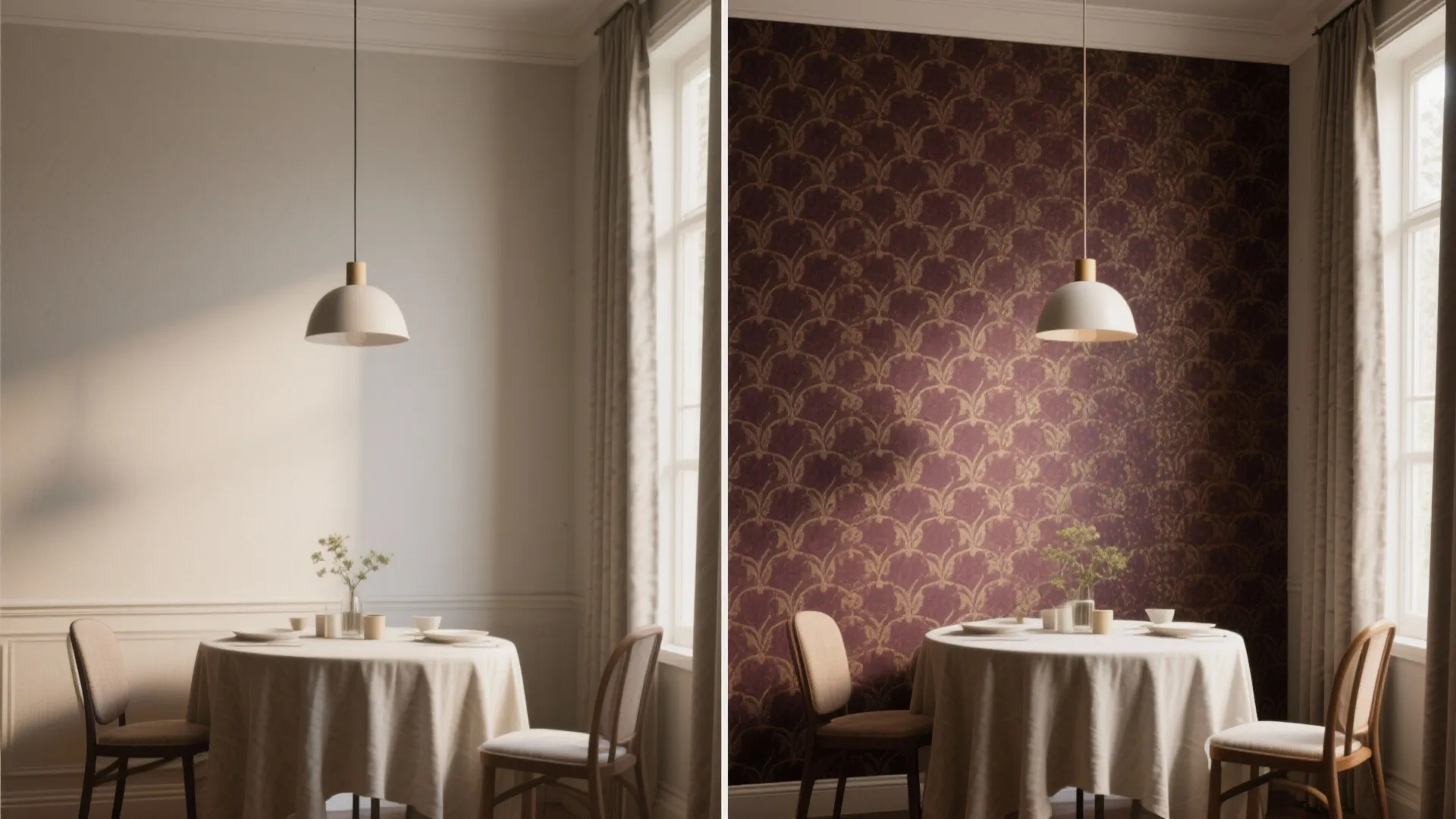 Before and after comparison of a plain white wall versus a patterned dark red wallpaper