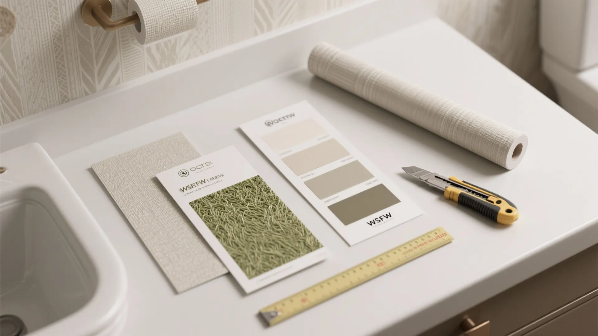 Interior design material samples on white table with wallpaper roll cutter ruler and green texture card