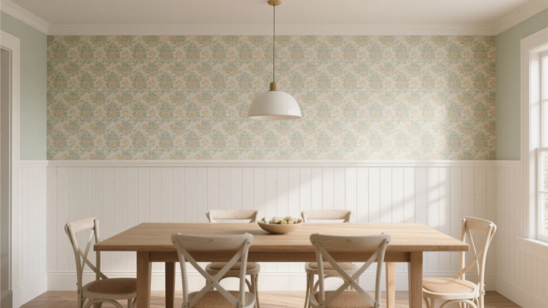 Dining room with floral wallpaper and white wall panel plus wooden table and white chairs