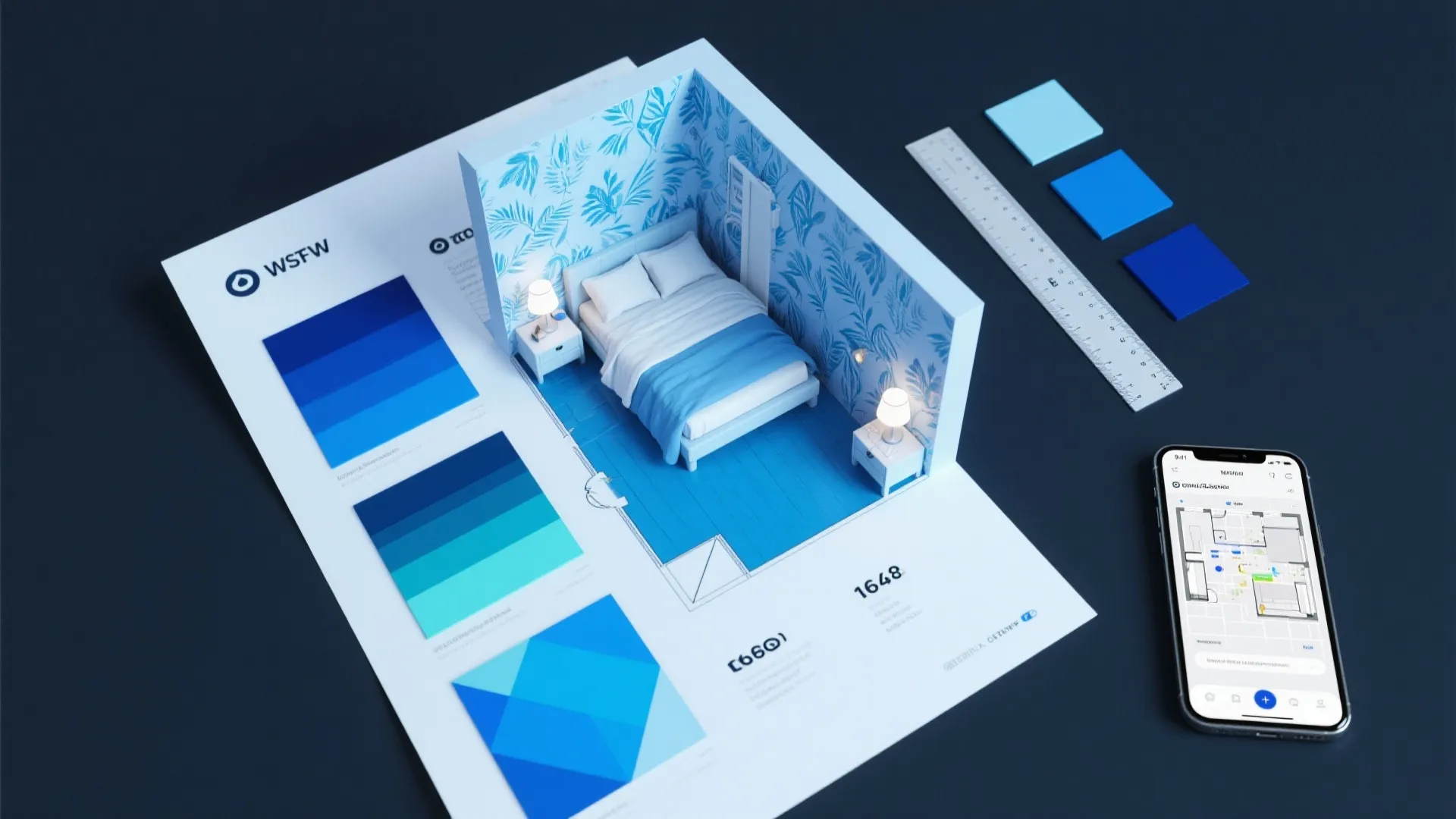 Top-down mockup of a small bedroom floorplan with pinned blue wallpaper swatches and a room-planner on a phone.