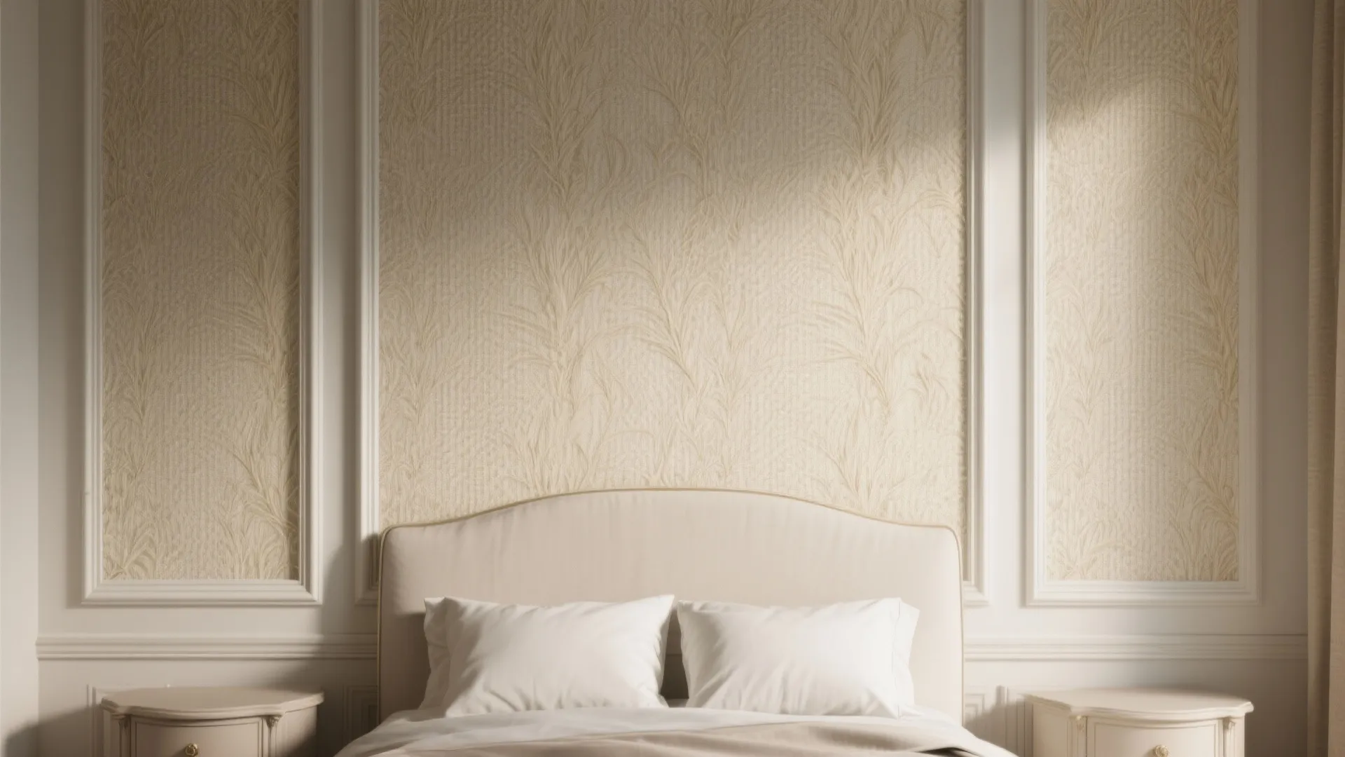 Elegant bedroom headboard area featuring beige patterned wallpaper with white wall panel frames and pillows