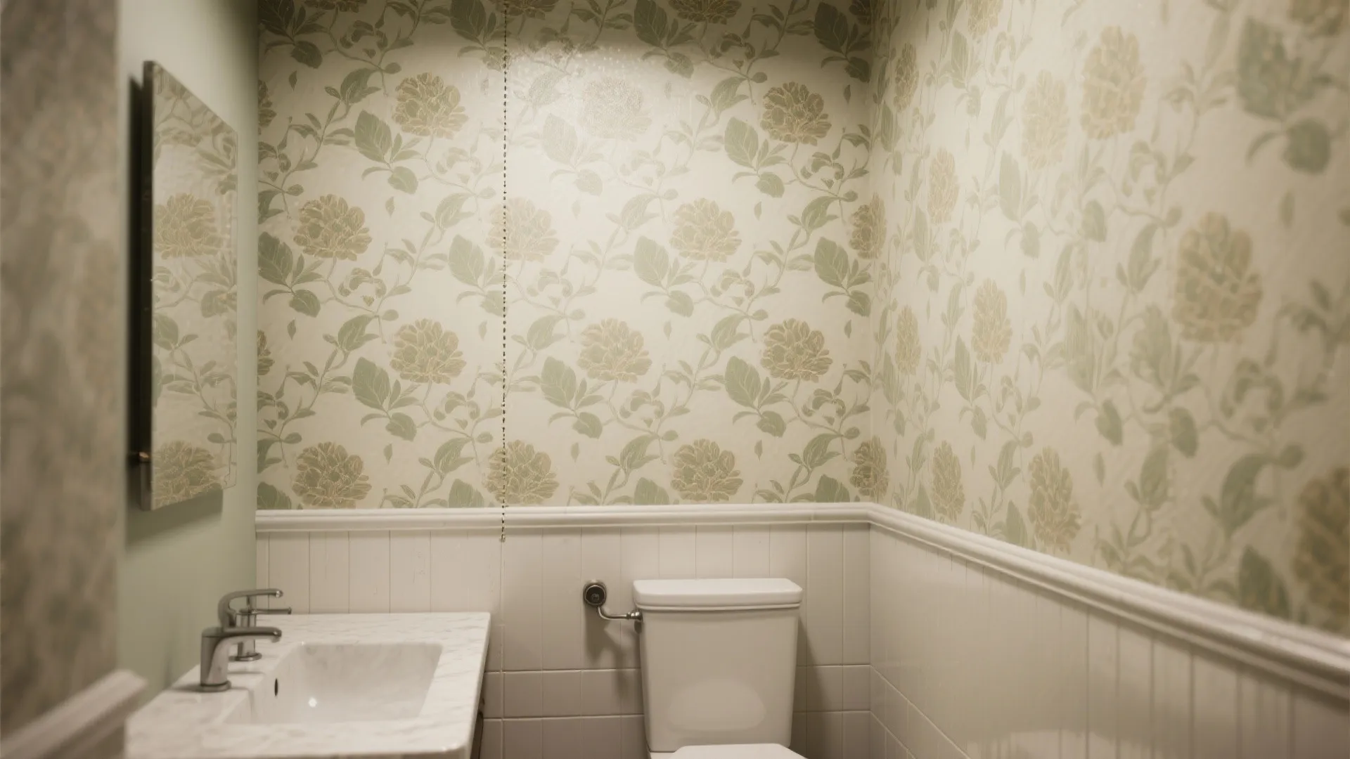 Small bathroom featuring green floral wallpaper white wall panel white toilet and marble sink vanity